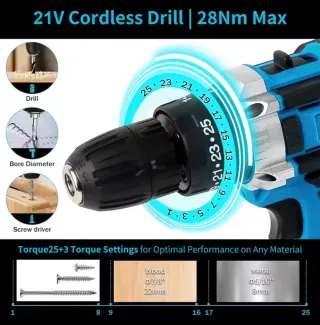 Taladro Inalámbrico 21V, 2 baton Accesorios