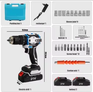 Taladro Inalámbrico 21V, 2 baton Accesorios