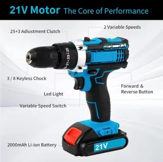 Taladro Inalámbrico 21V, 2 baton Accesorios