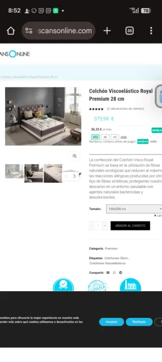 Colchón Royal TC30 Viscoelástica 28cm 160 x 200 cm