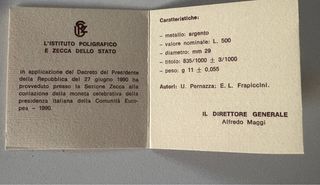 500 Lire Argento Celebrativa Presidenza Italiana