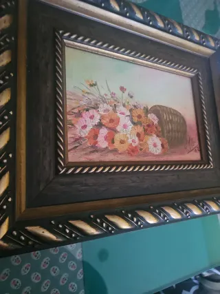 Pintura al óleo de flores en cesta