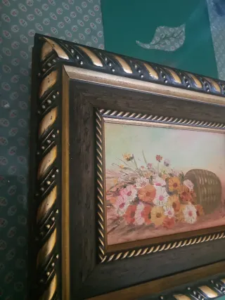 Pintura al óleo de flores en cesta