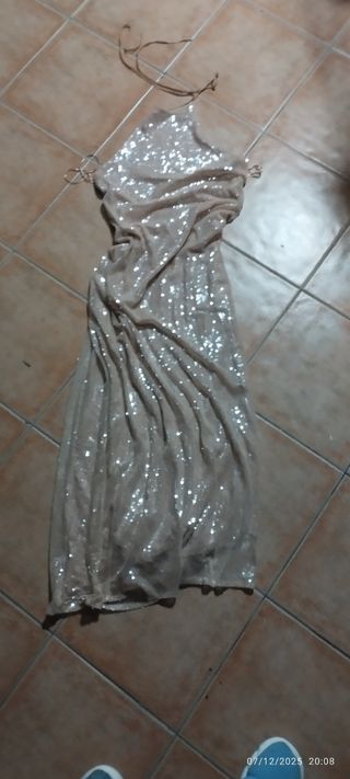 Vestido largo lentejuelas beige/dorado