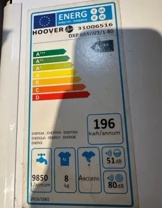 Lavadora Hoover 8kg 1600rpm A+++ VER!