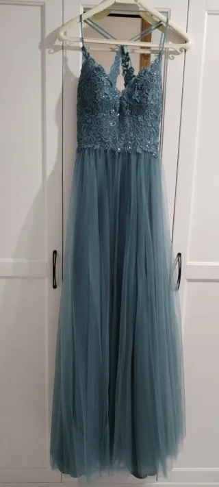 Vestido de fiesta largo azul verdoso, usado un día