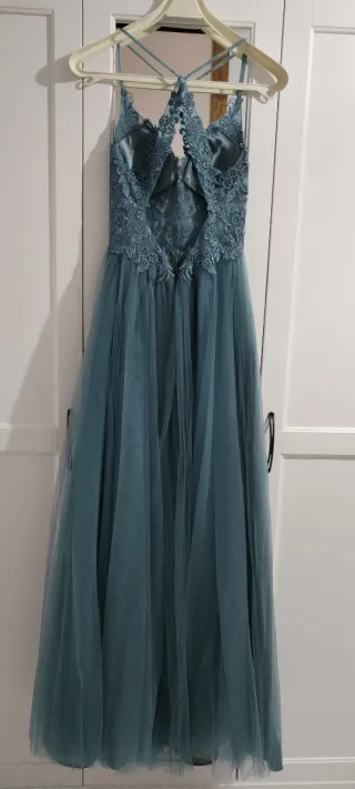 Vestido de fiesta largo azul verdoso, usado un día