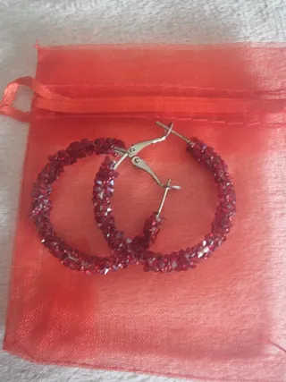 Pendientes Aro Bisutería Rojos y Plateados