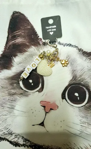 Borsa tessuto con portachiavi gatto