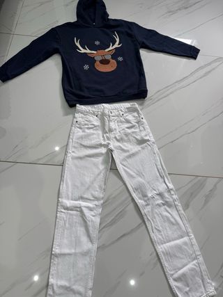 Sudadera azul y pantalón blanco, talla 13/14