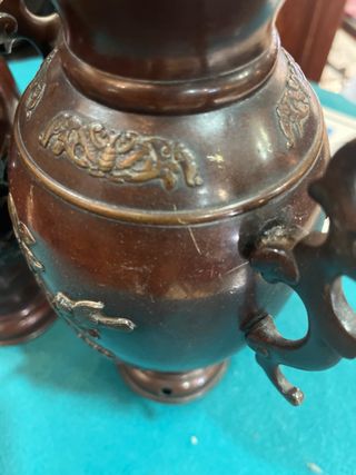 Pareja jarrones bronce orientales pájaros flores