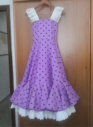 Traje de flamenca niña morado lunares terciopelo.