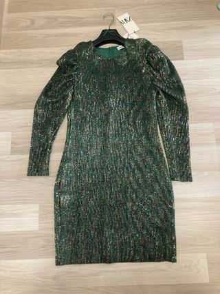 Vestido lentejuelas verde y dorado Zara Talla M