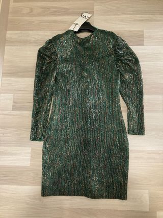 Vestido lentejuelas verde y dorado Zara Talla M
