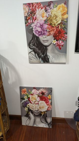 2 Quadri Stampati su Tela Donna Fiori