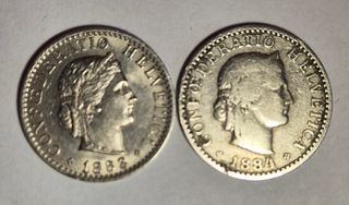 Svizzera, 2 monete 20 rappen 1883-1884. SPL.
