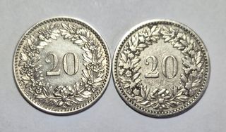 Svizzera, 2 monete 20 rappen 1883-1884. SPL.