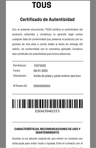 Anillo Tous Plata Perla con oso