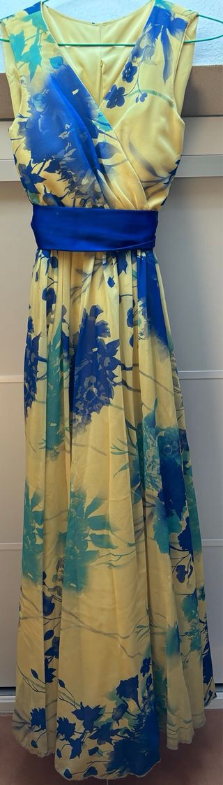 Vestido largo fiesta amarillo y azul