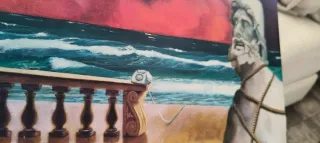 Oleo surrealista mar y estatua