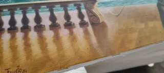 Oleo surrealista mar y estatua