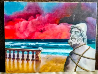 Oleo surrealista mar y estatua
