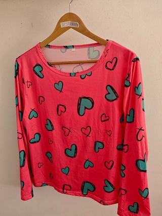 Pijama mujer rosa corazones talla L manga larga