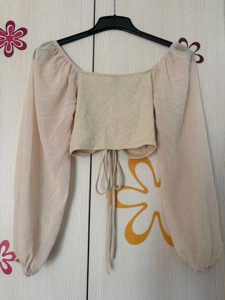 Top SHEIN beige manga de gasa abullonada