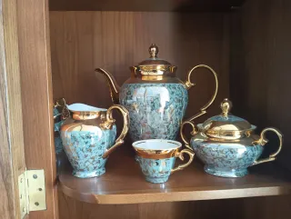 Juego de café porcelana oro y verde azulado