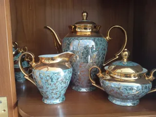 Juego de café porcelana oro y verde azulado