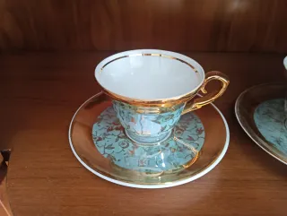 Juego de café porcelana oro y verde azulado