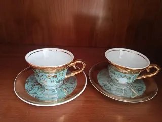 Juego de café porcelana oro y verde azulado