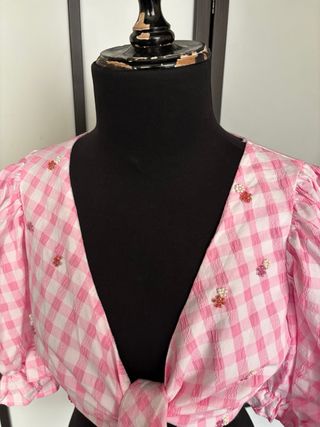 Blusa Zara cuadros rosa y blanco