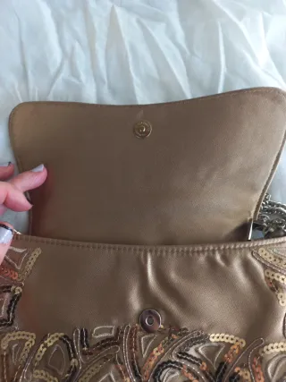 Bolso de fiesta beige y dorado, con cadena