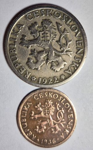 Cecoslovacchia, 1 Koruna 1922+10 Haleru 1936.SPL.