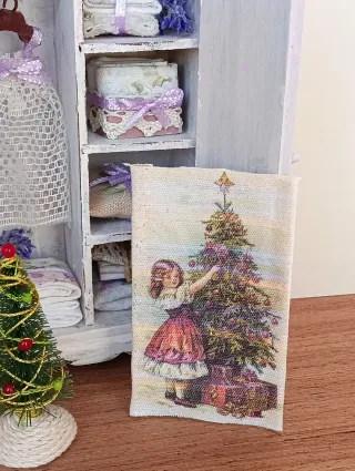 Quadretto tela miniatura bambina albero Natale