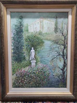 Cuadro motivo paisaje con jardín y estatua