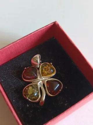 Colgante Trébol Ámbar Báltico Plata Ley