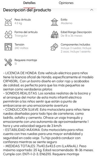 Moto bateria Honda Niños 3 Ruedas