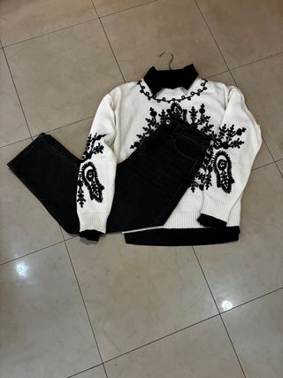 Conjunto jersey bordado con camisa y vaquero