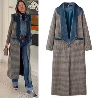 Abrigo cuadros lana y terciopelo mujer