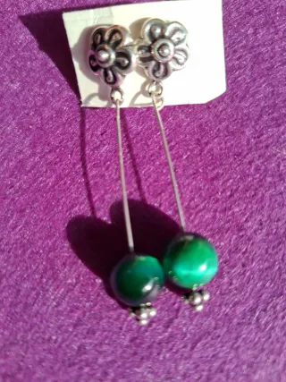 Pendientes Plata Flor Ojo Tigre Verde Suerte
