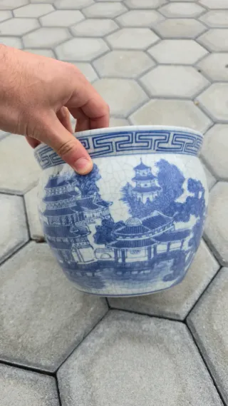 Vaso Aquário Chinês Porcelana Azul Branco