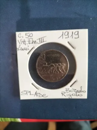 Moneta numismatica 50 centesimi del 1919 V. E. III