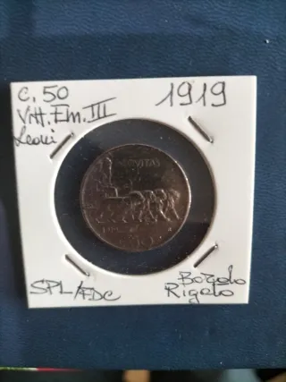 Moneta numismatica 50 centesimi del 1919 V. E. III