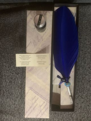Set penna piuma blu con inchiostro