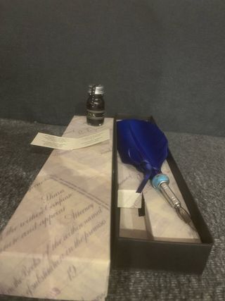 Set penna piuma blu con inchiostro