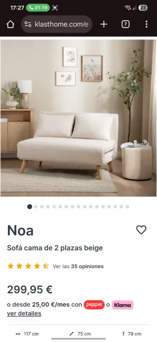 Sofá Cama 2 Plazas Sklum Beige