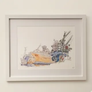 Tinta y Acuarela Original de barcos en el Puerto