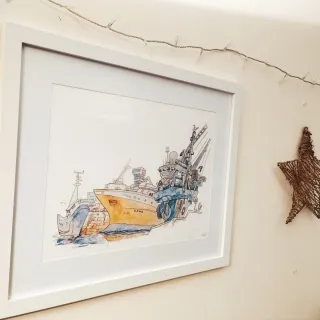 Tinta y Acuarela Original de barcos en el Puerto